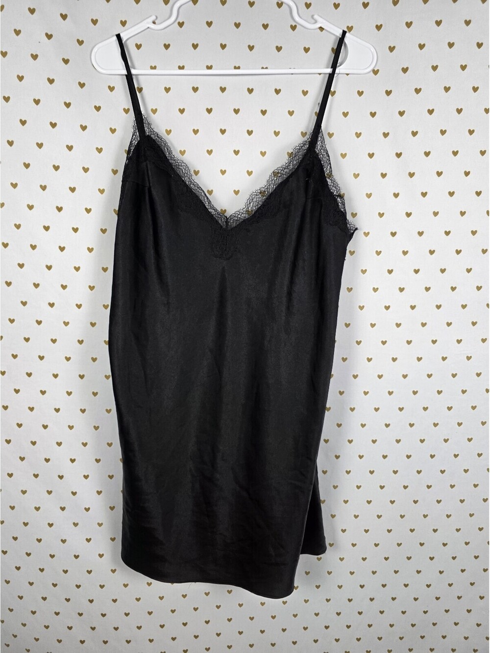 Victorias Secret Black Satin Slip Dress Lace accent LARGE Nightie Lingerie